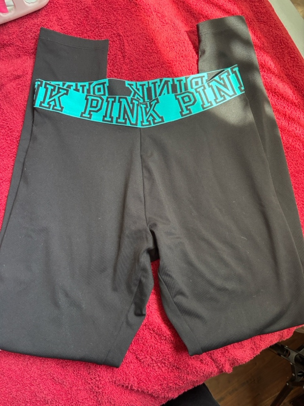 Victoria's Secret PINK Black Leggings with Teal Branded Waistband